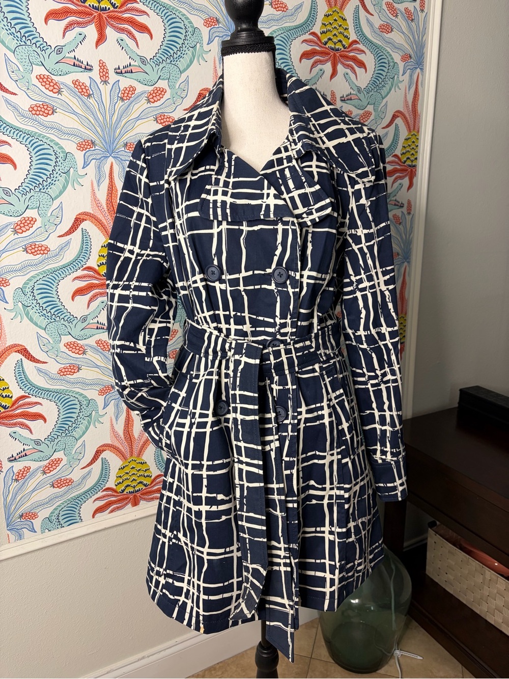 Merona Navy & White Printed Trench Coat – XXL